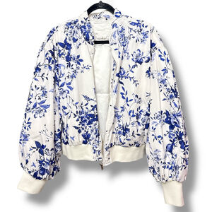 Anthropologie Floral Bomber Jacket, Size 1X, White/Blue